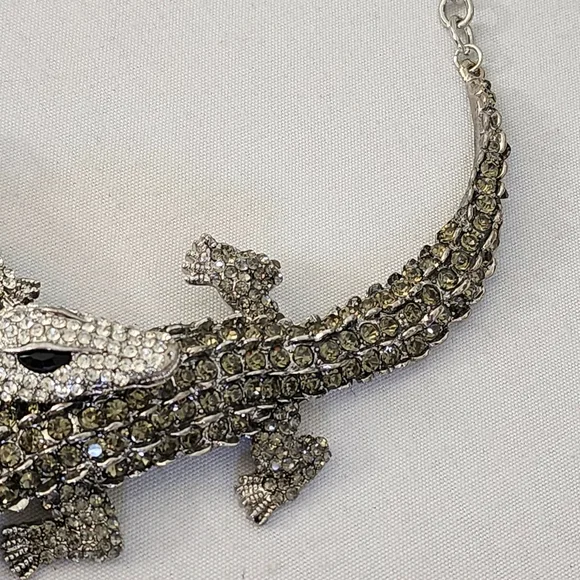 Large Statement Silver with Cubic Zirconia Crystals Double Alligator Necklace - Picture 7 of 9